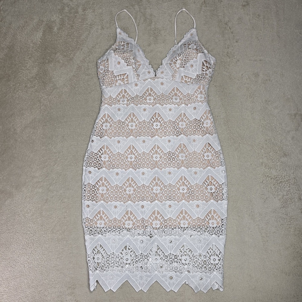 Lulus White Lace Over Beige Bodycon Cocktail Dress Crochet Bachelorette Wedding